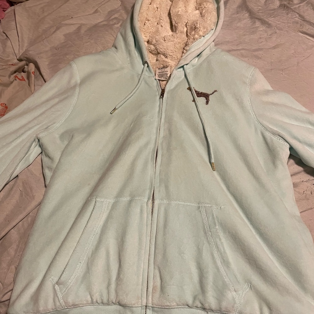 PINK Victoria's Secret 2013 velour Light Blue Hoodie Jacket Y2K Mint condition - Picture 3 of 4